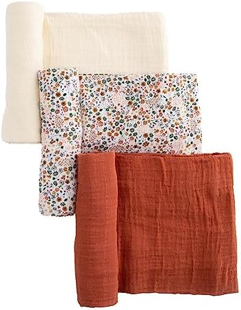 Little Unicorn - Pressed Petals Cotton Muslin Swaddle Blanket Set | Set of 3 | 100% Cotton | Newborns and Infants | 47" x 47" | Unisex Little Unicorn