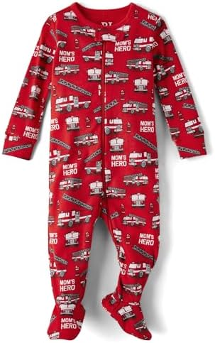The Children's Place Плотно прилегающая пижама на ножке из 100 % хлопка с застежкой-молнией спереди для мальчиков и малышей, Hero Fire Trucks, 12–18 месяцев The Children's Place