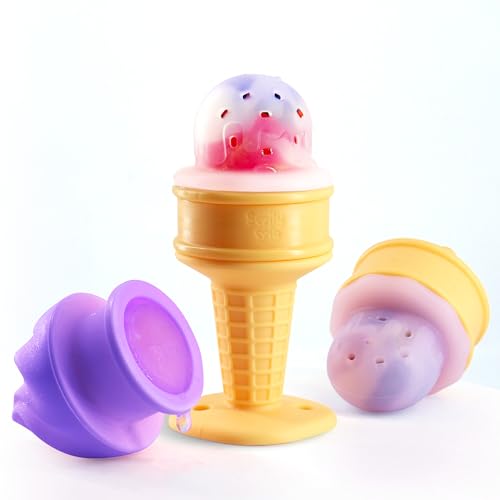 Smily Mia Baby Fruit Food Feeder & Freezer Teether Combo, ICY Bite Ice Cream Teether for Baby Cooling Relief, BPA Free Silicone Feeder for Safe Infant Self Feeding, 3 Month+,Cream White Smily Mia