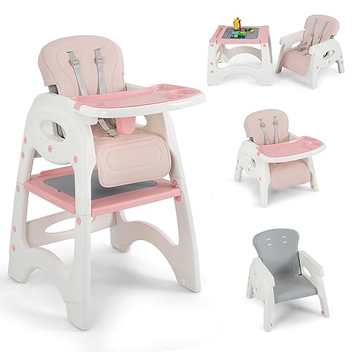 BABY JOY Детский стульчик для кормления, трансформируемый стульчик для кормления 6 в 1 для младенцев и малышей, сиденье-подушка, стол и набор стульев, стол из строительных блоков, регулируемая спинка, съемный двойной поднос, ремни безопасности (синие) BABY JOY