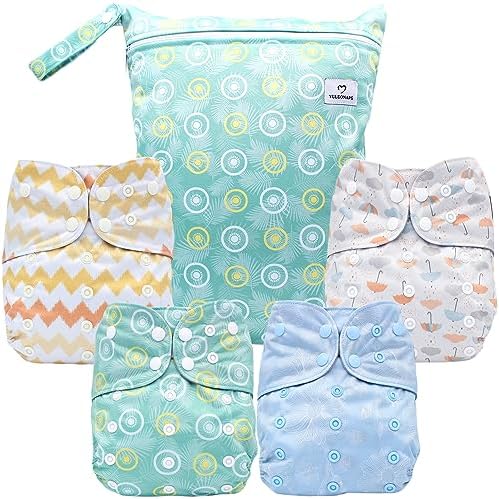 YULUONAPS Reusable Baby Cloth Diapers with AWJ Lining, Washable Pocket Diapers for Newborn Boys and Girls, 4 Pack with 4 Bamboo Inserts+One Wet Bag (Umbrella) YULUONAPS