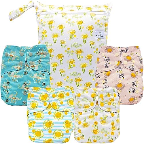 YULUONAPS Reusable Baby Cloth Diapers with AWJ Lining, Washable Pocket Diapers for Newborn Boys and Girls, 4 Pack with 4 Bamboo Inserts+One Wet Bag (Umbrella) YULUONAPS