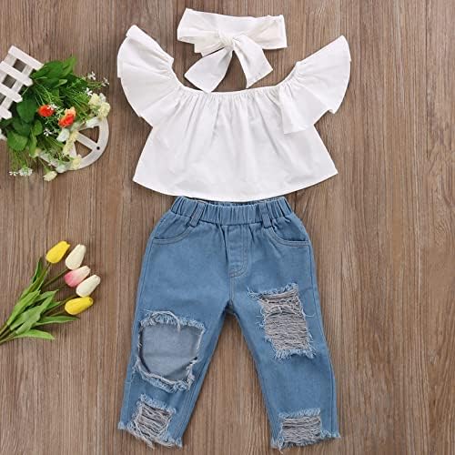 MAINESAKA/джинсовая одежда из 2 предметов для маленьких девочек, рубашка с открытыми плечами и короткими рукавами, укороченные топы, джинсы, длинные брюки, летний осенний комплект MAINESAKA