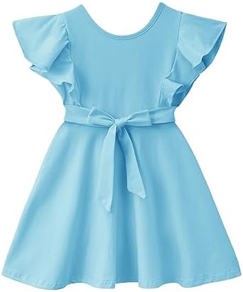 Dutebare Toddler Girl Sleeveless Dress Ruffle Trim Backless Belted Swing A-line Kids Casual Sundress Dutebare