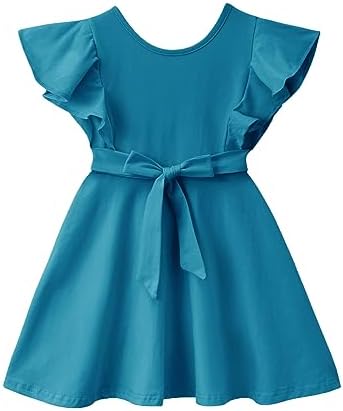 Dutebare Toddler Girl Sleeveless Dress Ruffle Trim Backless Belted Swing A-line Kids Casual Sundress Dutebare