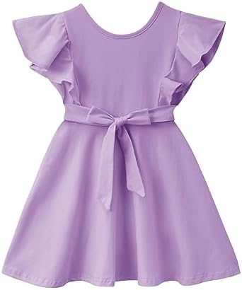 Dutebare Toddler Girl Sleeveless Dress Ruffle Trim Backless Belted Swing A-line Kids Casual Sundress Dutebare