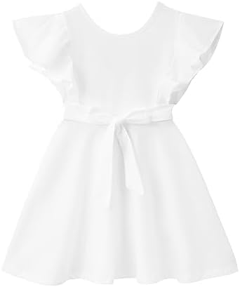 Dutebare Toddler Girl Sleeveless Dress Ruffle Trim Backless Belted Swing A-line Kids Casual Sundress Dutebare