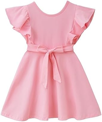 Dutebare Toddler Girl Sleeveless Dress Ruffle Trim Backless Belted Swing A-line Kids Casual Sundress Dutebare