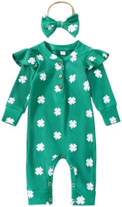 Newborn Baby Boy Girl Valentines Day Outfit Long Sleeve Clover Love Print Ribbed Jumpsuit St.Patrick's Day Clothes Noubeau