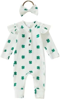 Newborn Baby Boy Girl Valentines Day Outfit Long Sleeve Clover Love Print Ribbed Jumpsuit St.Patrick's Day Clothes Noubeau