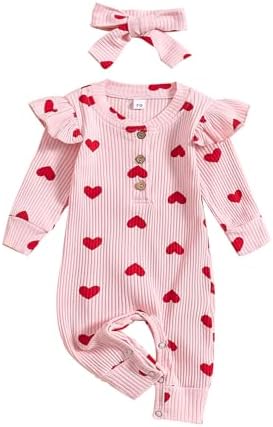 Newborn Baby Boy Girl Valentines Day Outfit Long Sleeve Clover Love Print Ribbed Jumpsuit St.Patrick's Day Clothes Noubeau