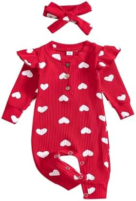 Newborn Baby Boy Girl Valentines Day Outfit Long Sleeve Clover Love Print Ribbed Jumpsuit St.Patrick's Day Clothes Noubeau