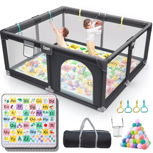 Gimars Upgraded 320D Washable Baby Playpen with Cute Learning Cuhioned Mat, 6 in1 Large Playpen for Toddlers, Sturdy & Safe Playpen with Padded Cotton Top Rod for Protecting Babies, Infant, 50x50 inch Gimars