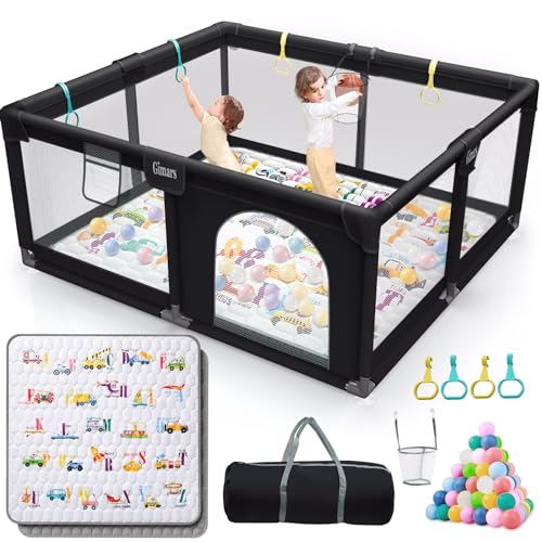 Gimars Upgraded 320D Washable Baby Playpen with Cute Learning Cuhioned Mat, 6 in1 Large Playpen for Toddlers, Sturdy & Safe Playpen with Padded Cotton Top Rod for Protecting Babies, Infant, 50x50 inch Gimars