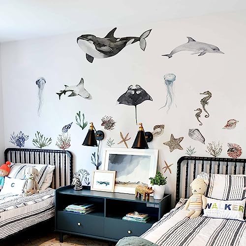 QUCHENG Ocean Wall Decals Marine Animal Boys Bedroom Large Stickers Removable Whale Decor Nursery Kids Room Murals DIY Cute Decorations QUCHENG