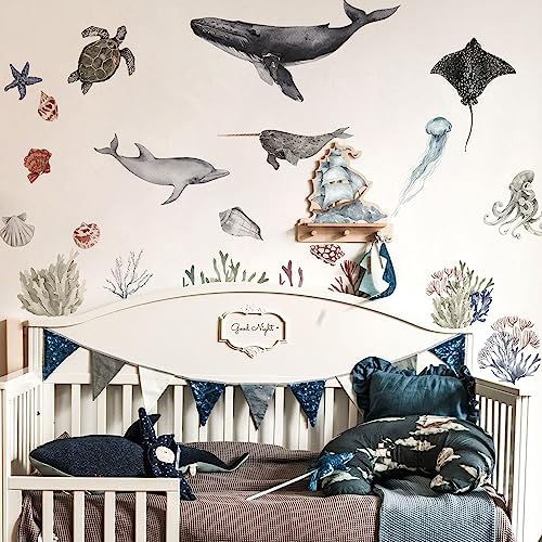 QUCHENG Ocean Wall Decals Marine Animal Boys Bedroom Large Stickers Removable Whale Decor Nursery Kids Room Murals DIY Cute Decorations QUCHENG
