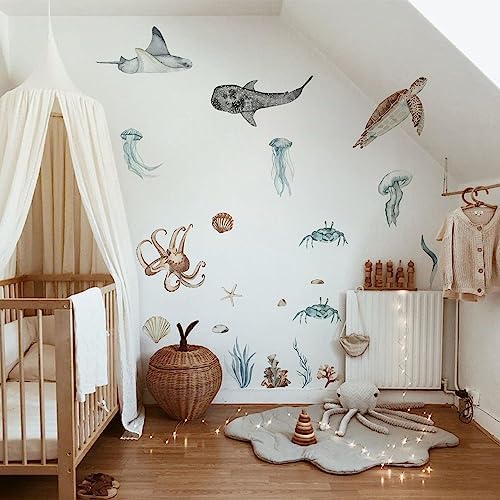 QUCHENG Ocean Wall Decals Marine Animal Boys Bedroom Large Stickers Removable Whale Decor Nursery Kids Room Murals DIY Cute Decorations QUCHENG