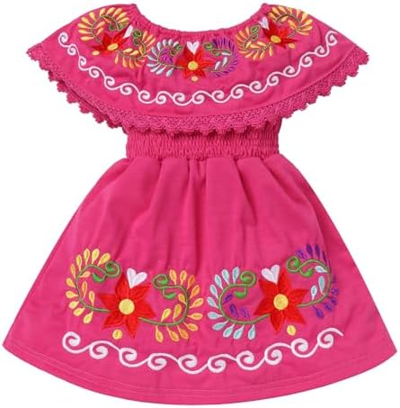 Kids Toddler Girls Traditional Mexican Off-Shoulder Floral Embroidered Drape Dress ODIZLI