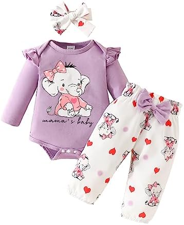 Одежда для новорожденных девочек, наряд со слоном, комбинезон в рубчик с рюшами и длинными рукавами, топ, милые штаны с бантом, комплект с повязкой на голову Bonangber