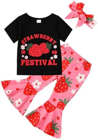 Karwuiio, наряд для маленьких девочек, футболка с короткими рукавами и принтом клубники, топы + расклешенные брюки + повязка на голову, одежда из 3 предметов Karwuiio