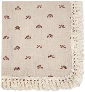 insular Cotton Muslin Baby Blanket with Tassel, Boho Bohemian Muslin Swaddle Blanket Baby Receiving Blanket with Fringe, Nursery Decor Throw or Nursing Blankets, 47" x40”, Little Bear Insular