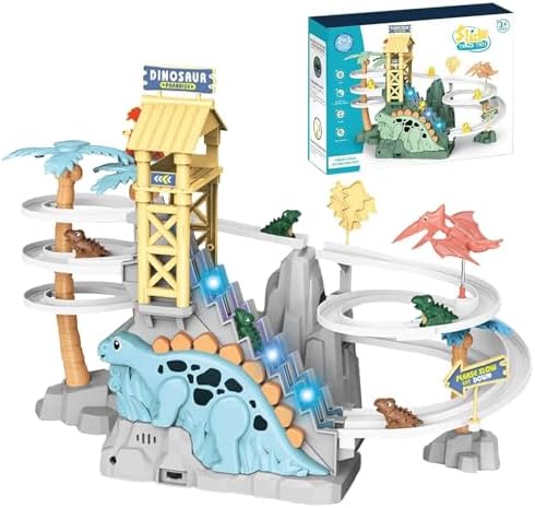 Dinosaur Climbing Slide Toy with Light - Dino Chasing Race Track Game Stairs Toy Dinosaur Roller Coaster Toy with Light and Music Toy Playsets Gift for Toddler Kids Boys Girls Age 3+ (C) Generic