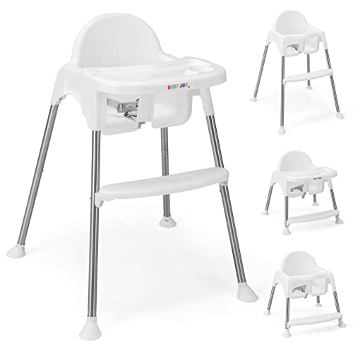 BABY JOY Детский стульчик для кормления, трансформируемый стульчик для кормления 4 в 1 для младенцев и малышей с регулируемыми ножками, двойным съемным подносом, ремнями безопасности и подставкой для ног (белый) BABY JOY
