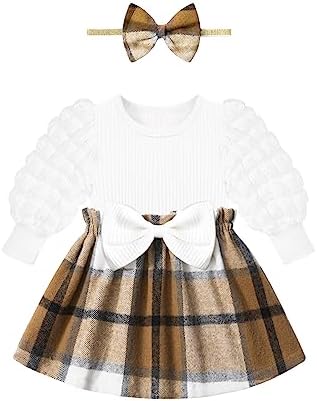 Платье Qaoerde для маленьких девочек, клетчатое платье с пышными рукавами, платье в рубчик для новорожденных, осенне-зимняя одежда, повязка на голову с бантом Qaoerde