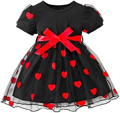 Платье для маленьких девочек, летнее платье с круглым вырезом и короткими рукавами для маленьких девочек, черное платье с принтом красного сердца, пасхальное платье Generic