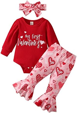 Одежда для новорожденных девочек «Мой первый день святого Валентина», комбинезон с буквенным принтом, расклешенные брюки с принтом «любовное сердце», повязка на голову Noubeau