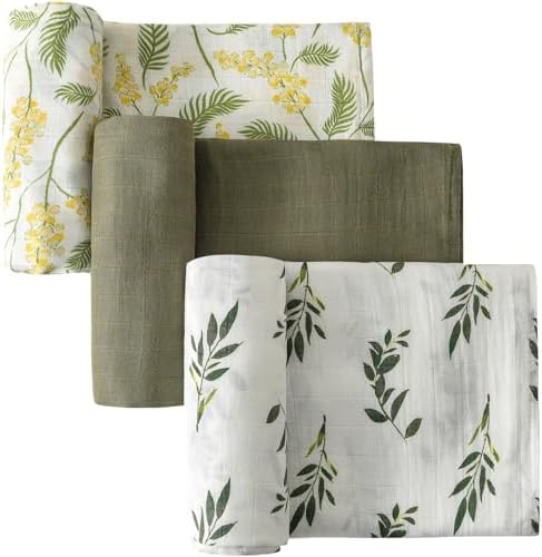 Little Jump 3 Pack Muslin Swaddle Blankets for Unisex, Newborn Receiving Blanket, Large 47 x 47 inches, Soft Breathable Muslin Baby Swaddles for Boys & Girls (3 Pack Olive Branches) Little Jump