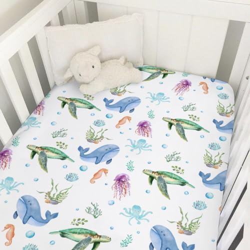 Cute Sea Animals Baby Crib Sheets 52''x28'' Ocean Turtle Whale Jellyfish Sea Horse Weeds Fitted Crib Mattress Cover for Boy Girl Bed Sheet for Standard Crib Toddler Mattress Hwmmbh
