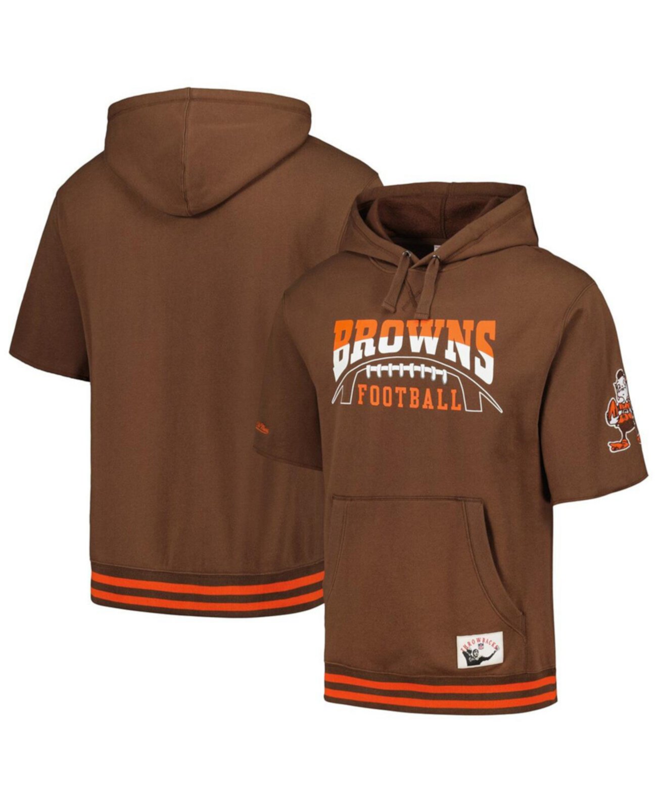 Мужской коричневый пуловер с капюшоном Cleveland Browns перед игрой с короткими рукавами Mitchell & Ness