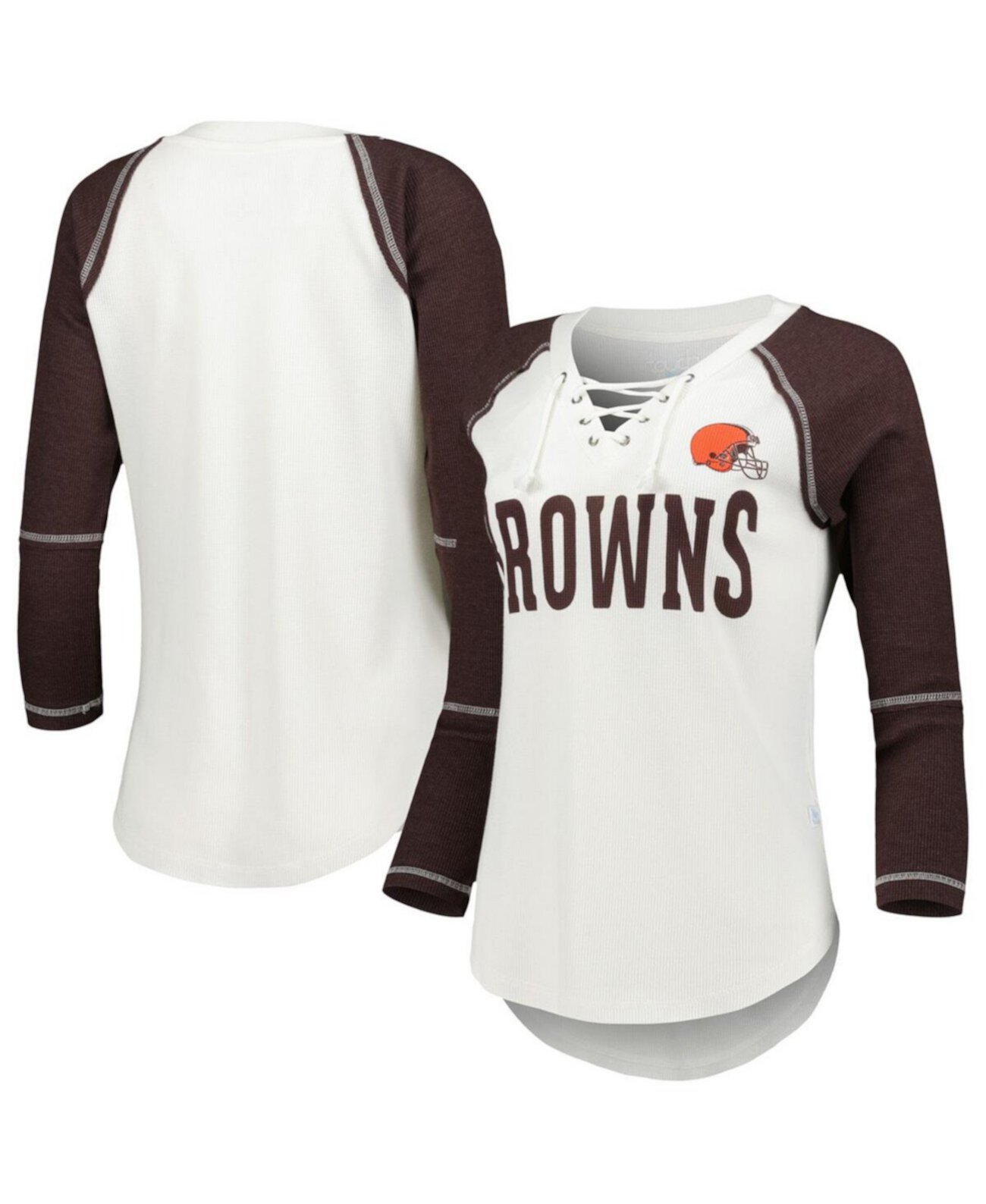 Женская бело-коричневая футболка Cleveland Browns Rebel Raglan с рукавами три четверти, шнуровкой и v-образным вырезом Touch