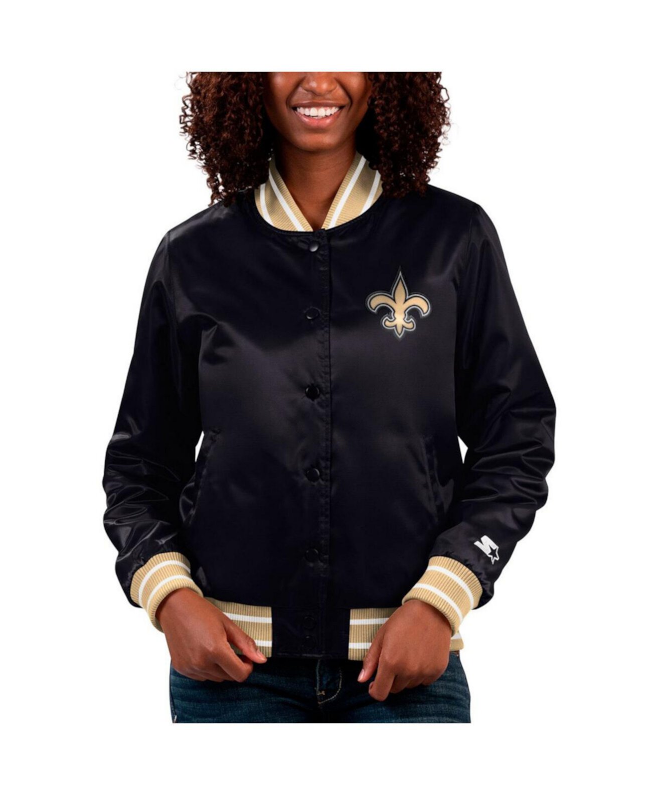 Женская черная атласная университетская куртка с длинными кнопками New Orleans Saints Full Count Starter