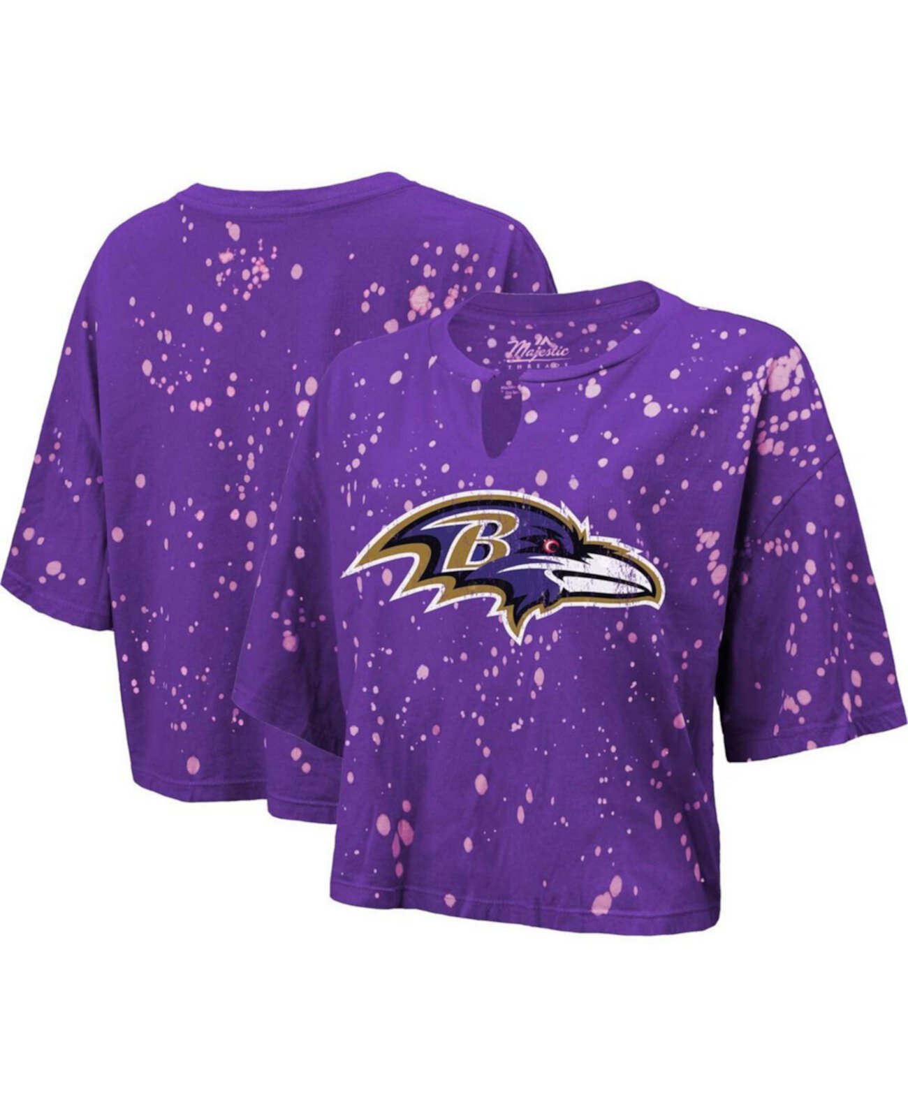 Женская укороченная футболка с нитками фиолетового цвета Baltimore Ravens Bleach Splatter Notch Neck Majestic