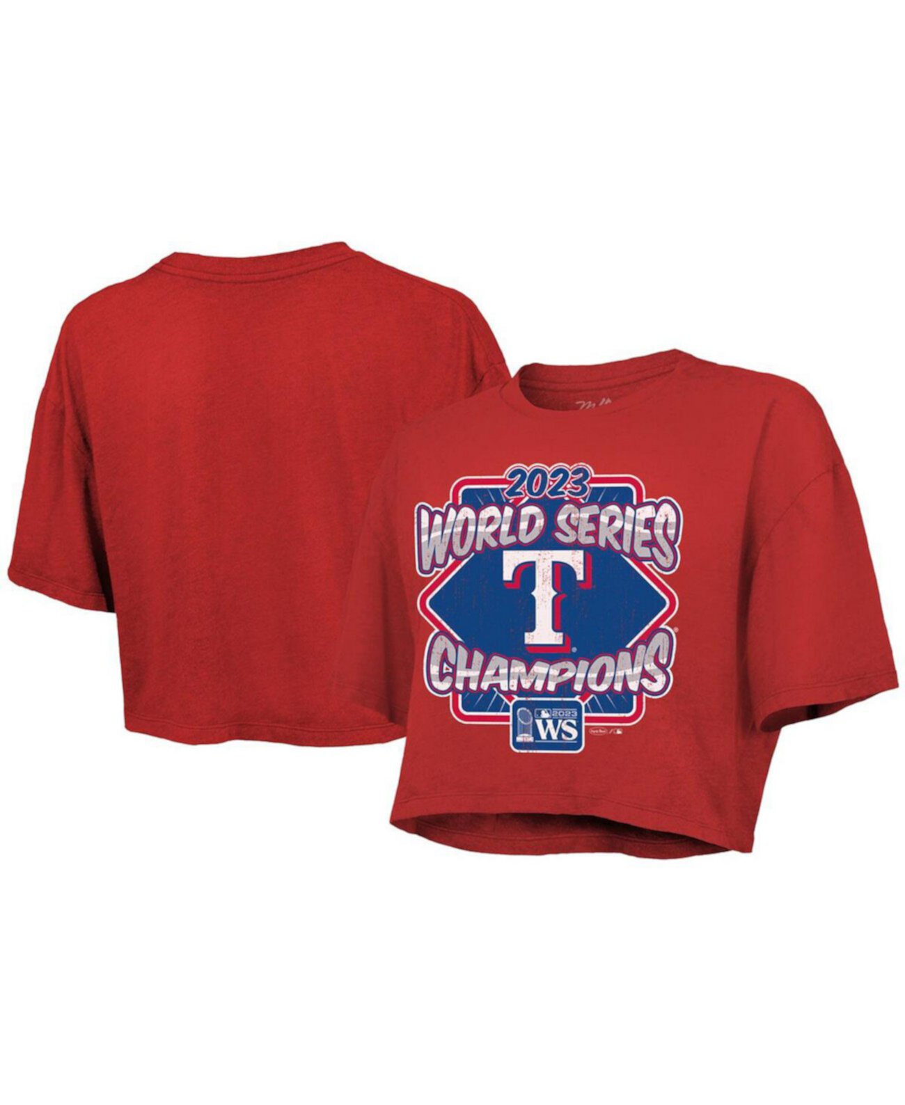 Женская укороченная футболка свободного кроя из трех смесей красного цвета с принтом Texas Rangers 2023 World Series Champions Best Face Forward Majestic