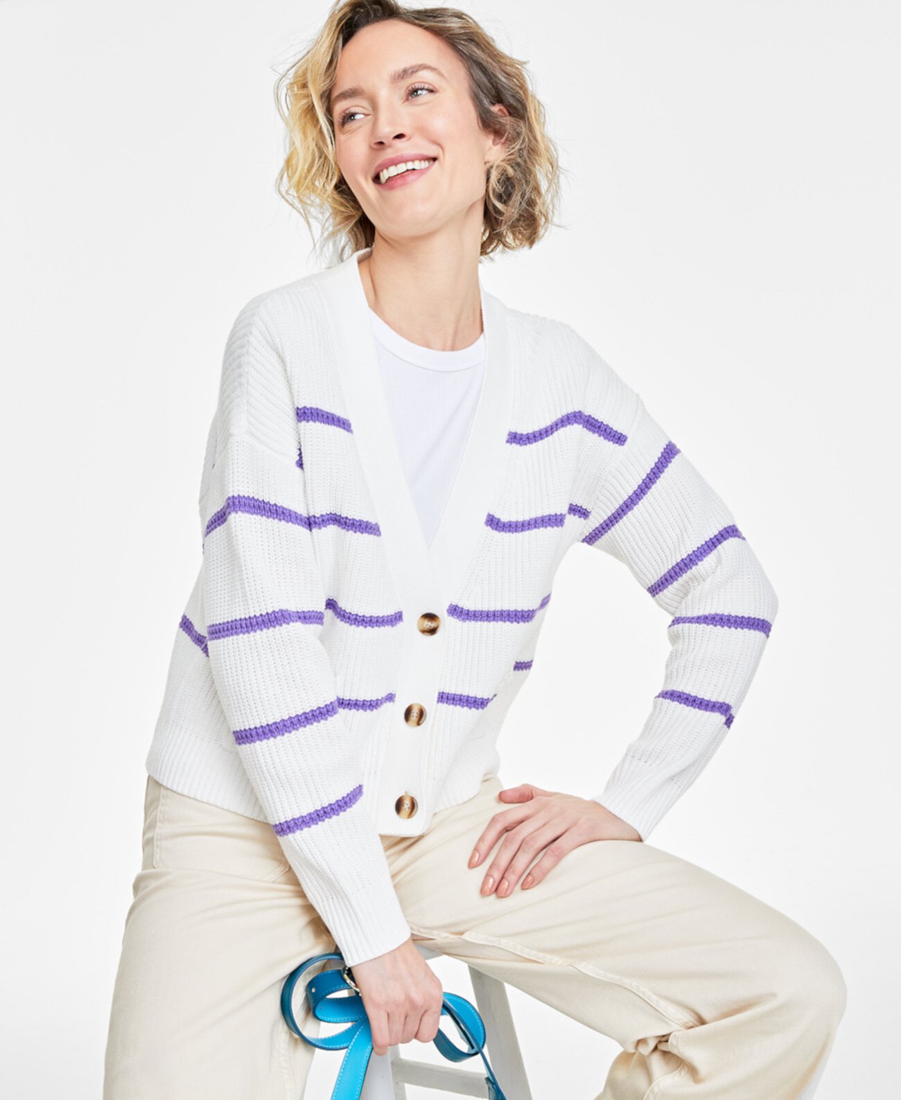 Женский полосатый кардиган с V-образным вырезом и накладными карманами, созданный для Macy's On 34th