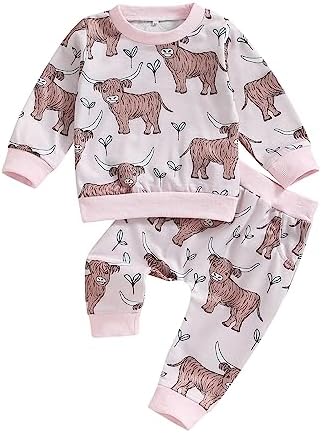 KtwHarnu Западная одежда для маленьких мальчиков и девочек, толстовка с круглым вырезом и длинными рукавами с принтом коровы, штаны с эластичной резинкой на талии, осенне-зимняя одежда KtwHarnu
