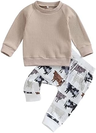 Muasaaluxi, одежда в стиле вестерн для маленьких мальчиков, вафельный свитшот с длинными рукавами и круглым вырезом, брюки для бега с коровьим принтом, ковбойская осенне-зимняя одежда Muasaaluxi