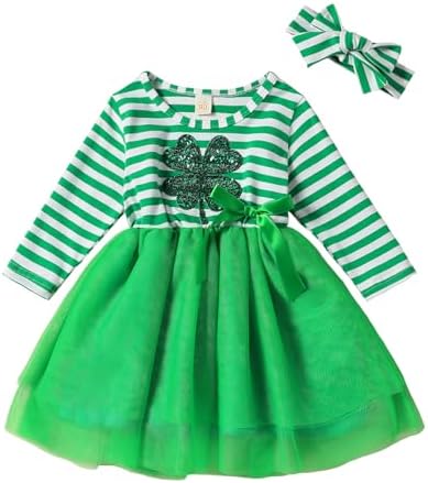 Платье на день Святого Патрика для маленьких девочек, зеленая полоска, платья Lucky Clover, тюлевая юбка-пачка с повязкой на голову, весенние наряды Noubeau
