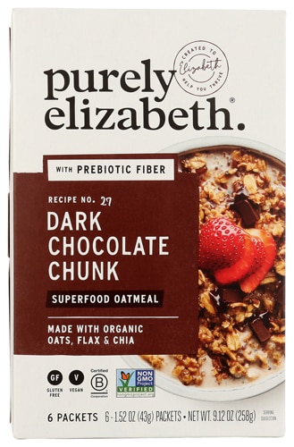 Superfood Oatmeal Gluten Free Vegan Non-GMO with Prebiotic Fiber made with Organic Oats Flax & Chai Dark Chocolate Chunk -- 6 Pack Purely Elizabeth