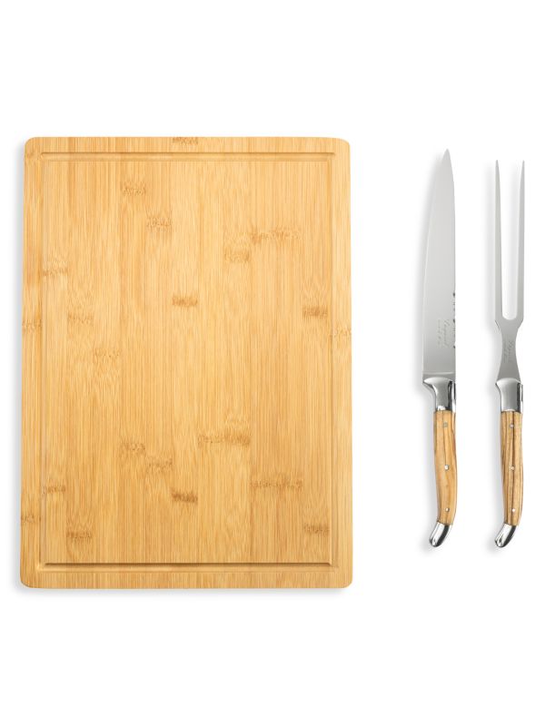 Набор из 3 ножей для резьбы по оливковому дереву, вилки и разделочной доски из бамбука French Home