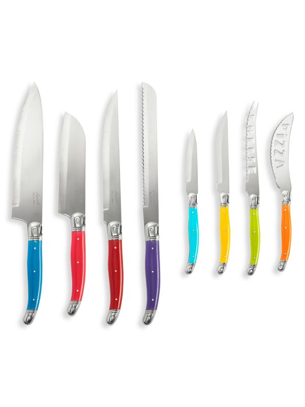 Набор из 8 предметов радужного цвета: набор кухонных ножей и подставок для деревянных блоков French Home