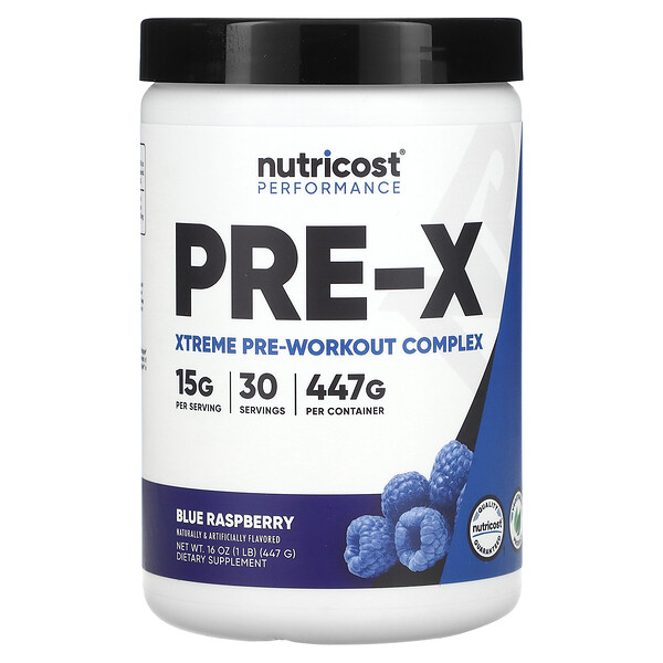 Performance, PRE-X, Xtreme Pre-Workout Complex, Blue Raspberry, 1 lb (Фунты) (447 g) Nutricost