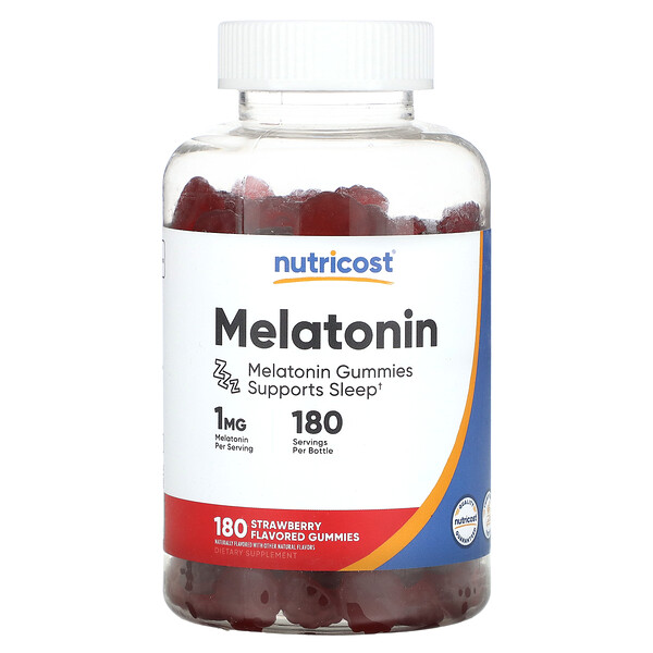 Мелатонин, Клубника, 1 мг, 180 жевательных конфет Nutricost