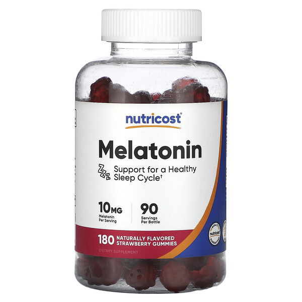 Мелатонин, Клубника, 10 мг, 180 жевательных конфет (5 мг на жевательную конфету) Nutricost