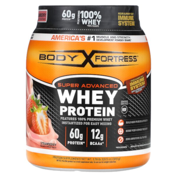 Super Advanced Whey Protein, клубника, 1,78 фунта (810 г) Body Fortress