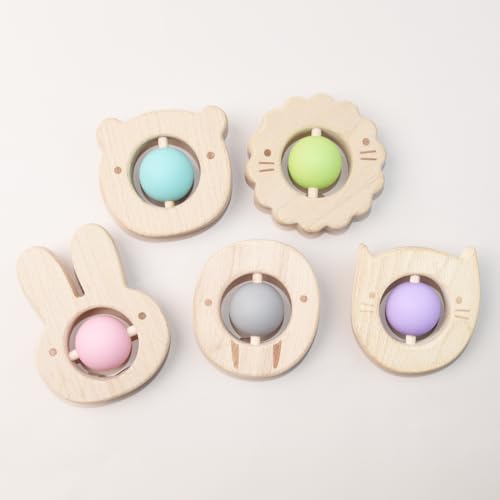 2 Pieces Silicone Wooden Baby Toys | Newborn Wooden Rattle Toys | Wooden Toys for Babies 0-6-12 Months | Montessori Wood Baby Toys | Baby Boy Girl Gifts Set, BPA Free (Cat) LITTLE RAWR