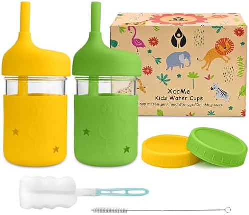 Kids Glass Cups With Lids and Straws,8 oz Toddler Sippy Cups,Snack Cups for Toddlers Spill Proof with Silicone Sleeves,Straws with Stoppers,Silicone Lids,Smoothie Kids cups,Set of 2 XccMe